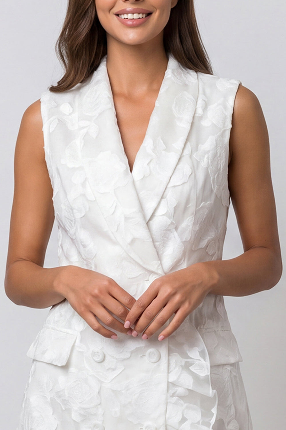 Ivory Shawl Lapel Double Breasted Floral Ruffled Short Work Dress