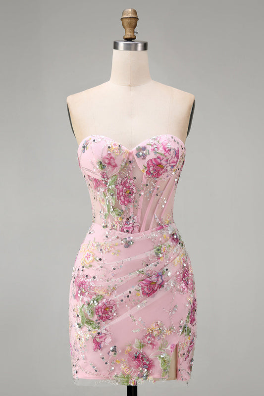 Pink Sweetheart Sheer Corset Bodycon Sequin Floral Homecoming Dress