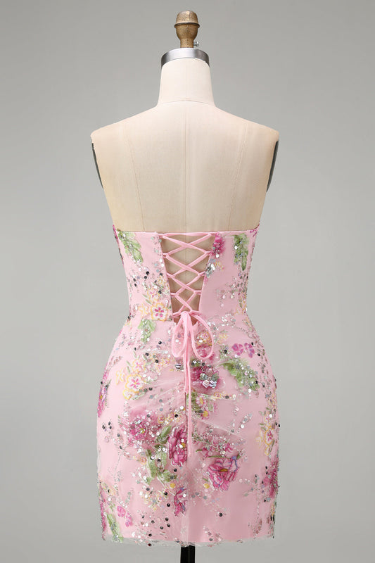 Pink Sweetheart Sheer Corset Bodycon Sequin Floral Homecoming Dress