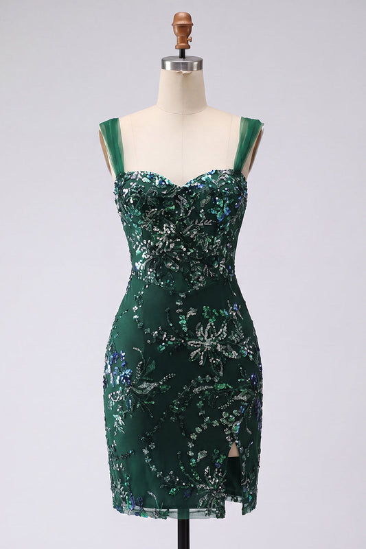 Robe courte moulante à sequins vert foncé scintillant avec fente pour le bal de promo