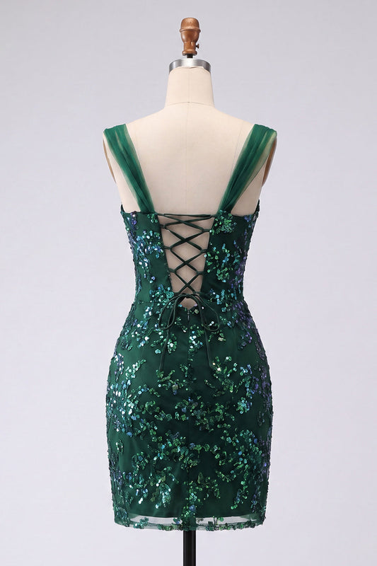 Robe courte moulante à sequins vert foncé scintillant avec fente pour le bal de promo