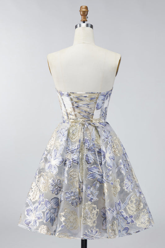 Robe de soirée courte Dusty Blue trapèze bustier à fleurs
