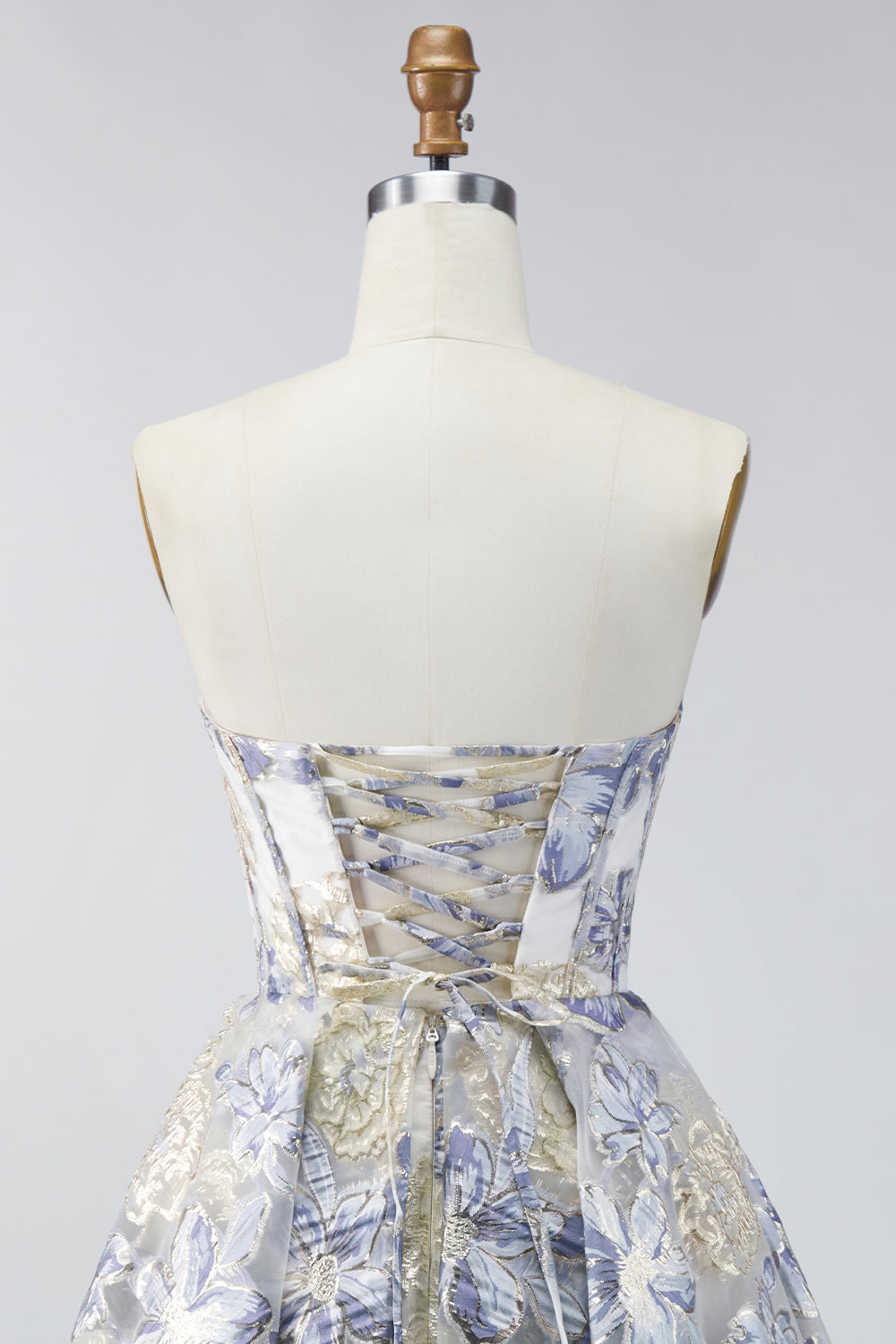 Robe de soirée courte Dusty Blue trapèze bustier à fleurs
