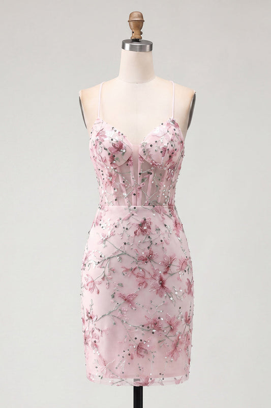 Pink Floral Corset Sequin Bodycon Homecoming Dress