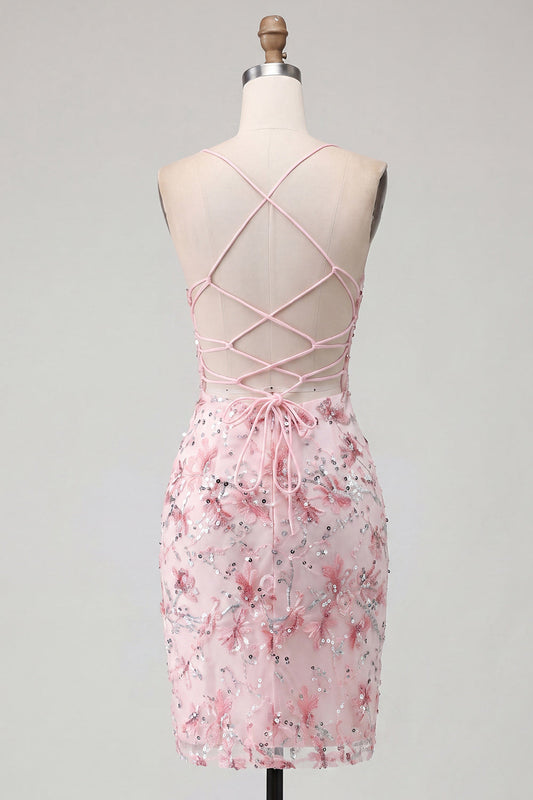 Pink Floral Corset Sequin Bodycon Homecoming Dress