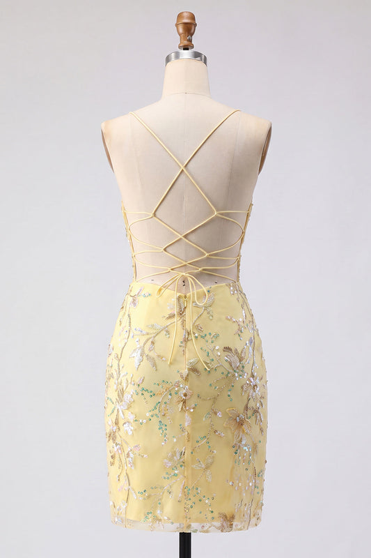 Yellow Bodycon Sheer Corset Floral Sequins Short Homecoming Dress with Lace Up Back