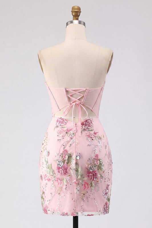 Vestido de regreso a casa ajustado con diseño floral rosa, corsé y lentejuelas