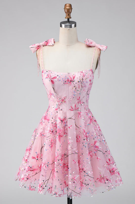 Floral Pink Sequin A-Line Homecoming Dress