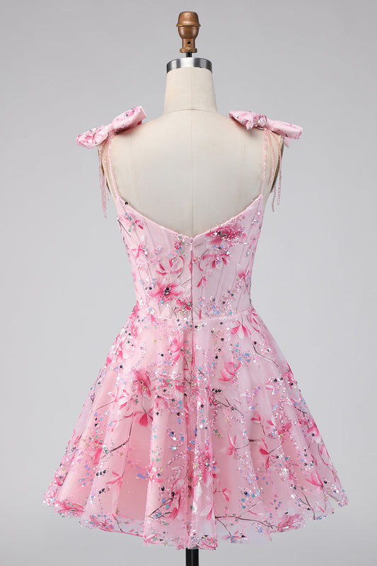 Floral Pink Sequin A-Line Homecoming Dress