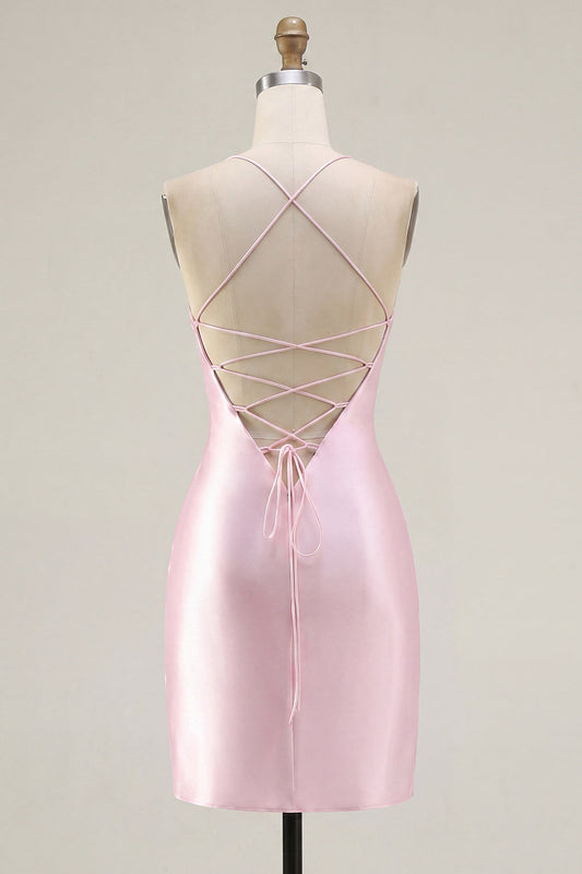 Pink Sheer Corset Ruched Beaded Bodycon Homecoming Dress with Slit