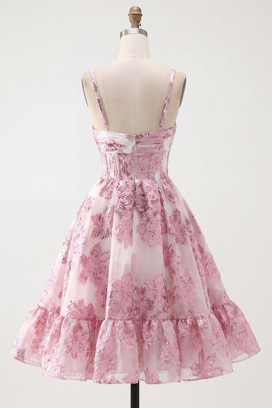 Pink A-Line Corset Ruffled Floral Short Homecoming Dress