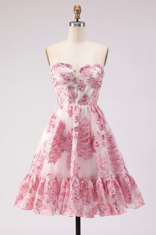 Pink A-Line Sweetheart Corset Ruffled Homecoming Dress