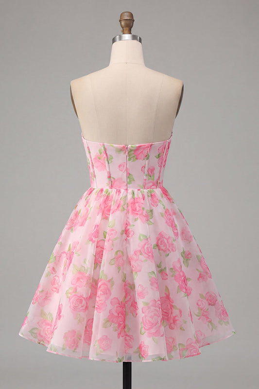 Robe de bal de fin d'année trapèze rose à fleurs avec corset bustier