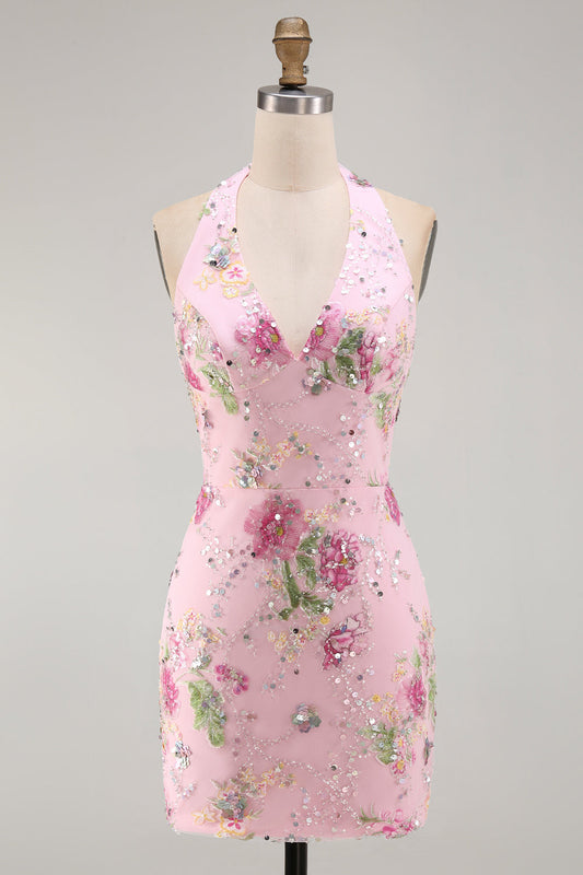 Pink Halter Neck Bodycon Sequins Floral Homecoming Dress