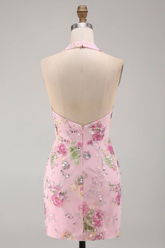 Pink Halter Neck Bodycon Sequins Floral Homecoming Dress