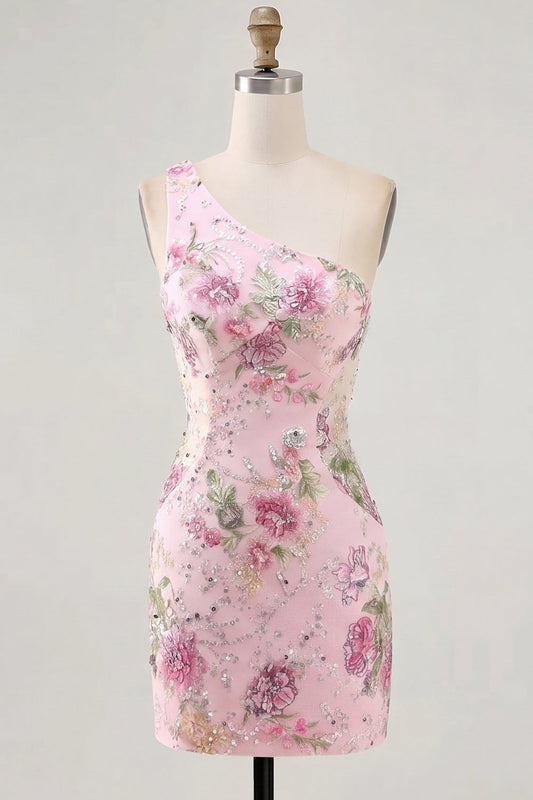 Pink One Shoulder Bodycon Sequins Floral Homecoming Dress