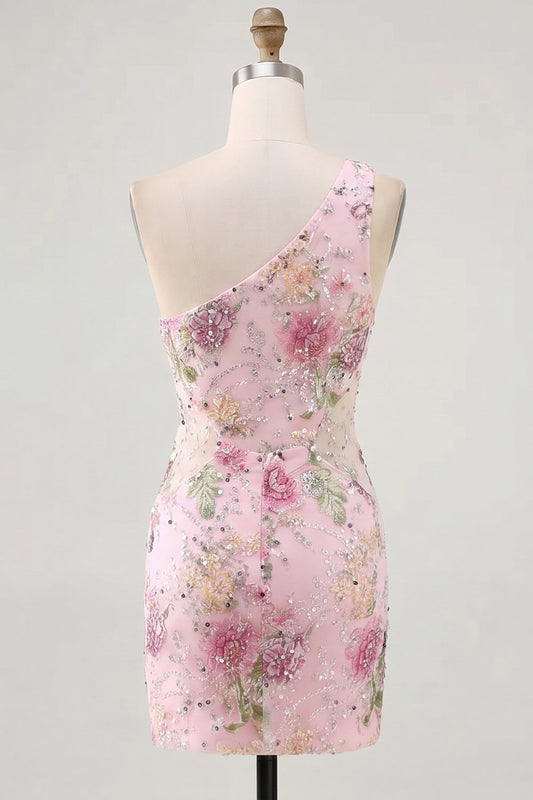 Pink One Shoulder Bodycon Sequins Floral Homecoming Dress