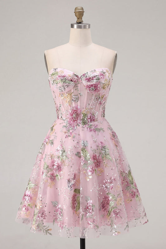 Pink Sweetheart A-Line Corset Sequin Floral Cocktail Dress