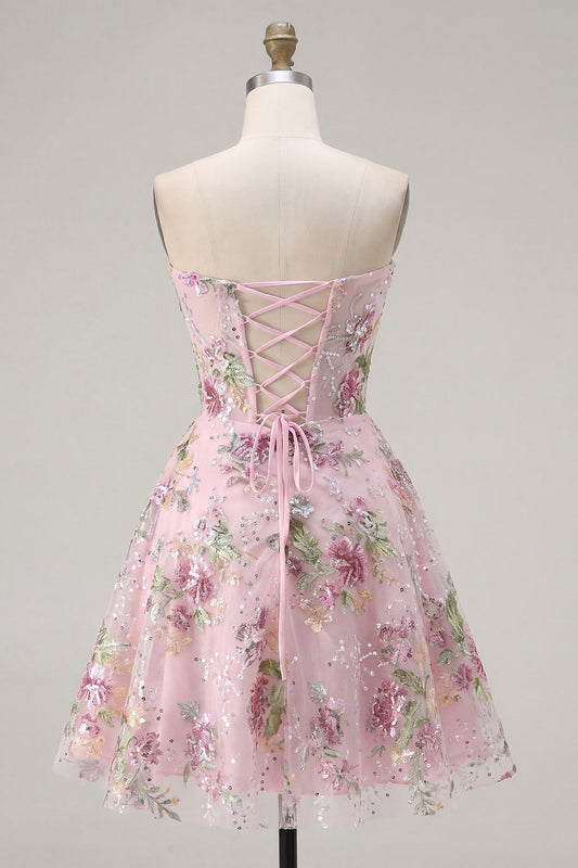 Pink Sweetheart A-Line Corset Sequin Floral Cocktail Dress