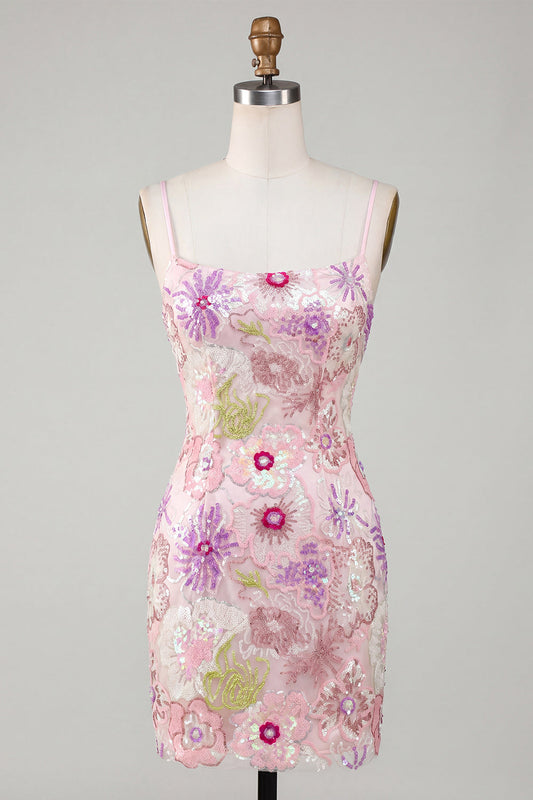 Sparkly Pink Spaghetti Straps Floral Sequins Homecoming Dress