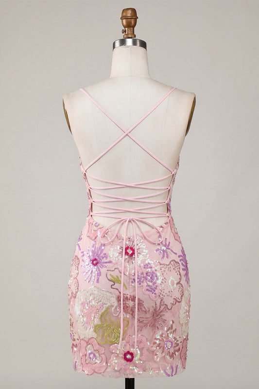 Sparkly Pink Spaghetti Straps Floral Sequins Homecoming Dress