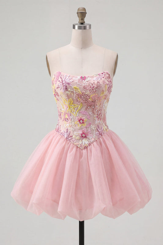 Pink A-Line Strapless Floral Sequins Homecoming Dress