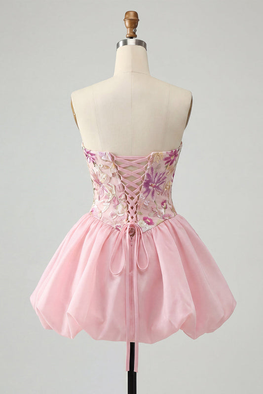 Pink A-Line Strapless Floral Sequins Homecoming Dress