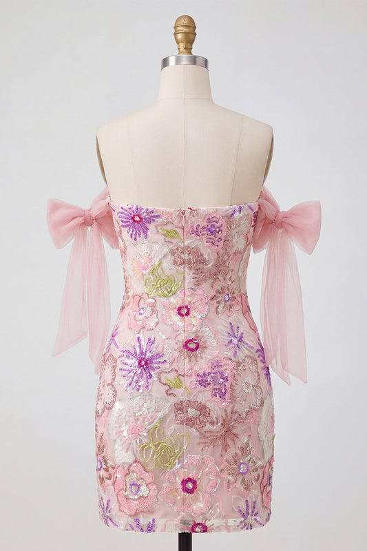 Off the Shoulder Pink Bodycon Floral Sequins Homecoming Dress with Bow