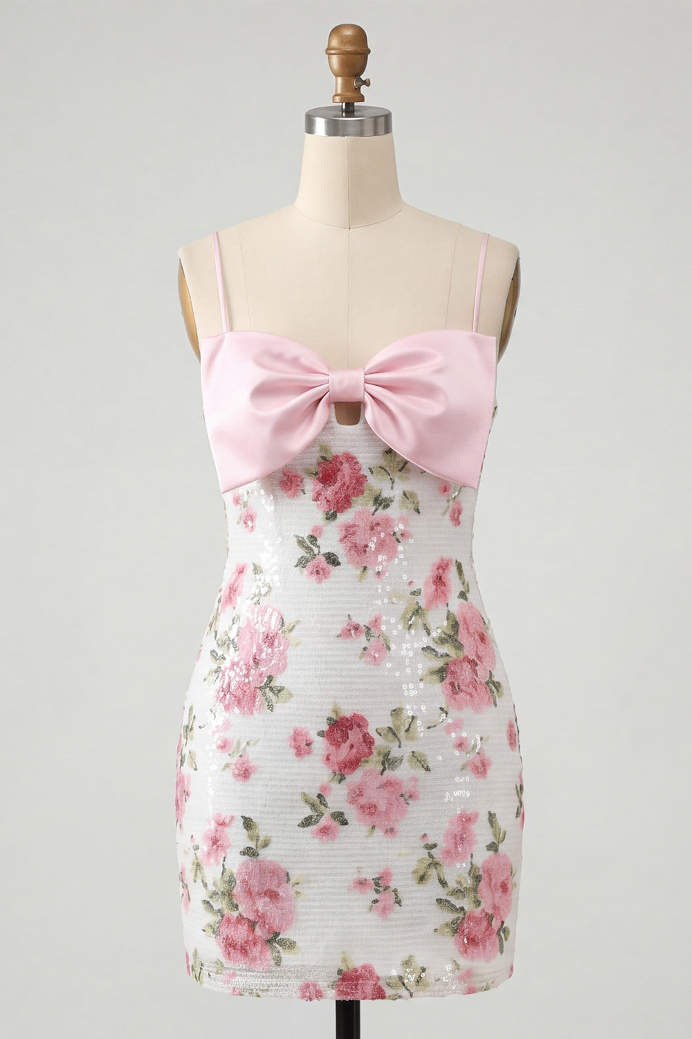 Robe de bal moulante rose pâle à sequins floraux avec nœud