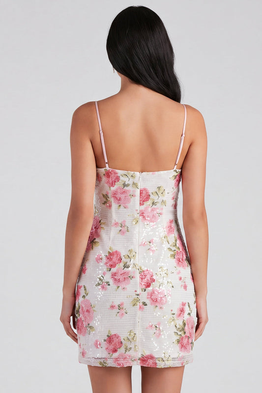 Bodycon Light Pink Floral Sequin Homecoming Dress with Bow