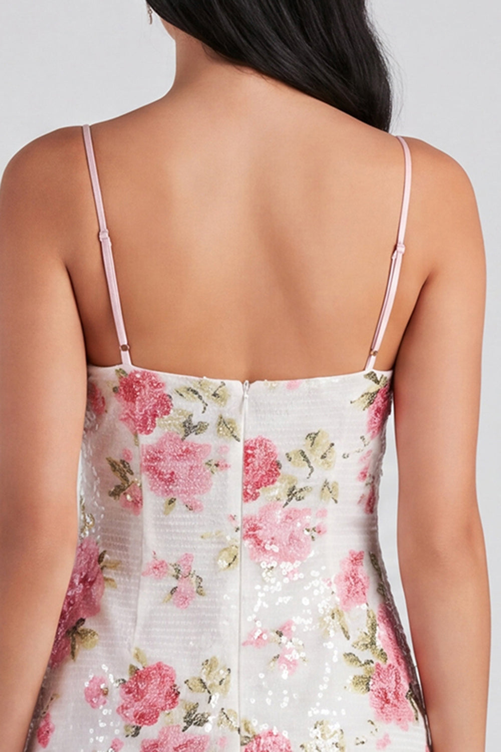 Robe de bal moulante rose pâle à sequins floraux avec nœud
