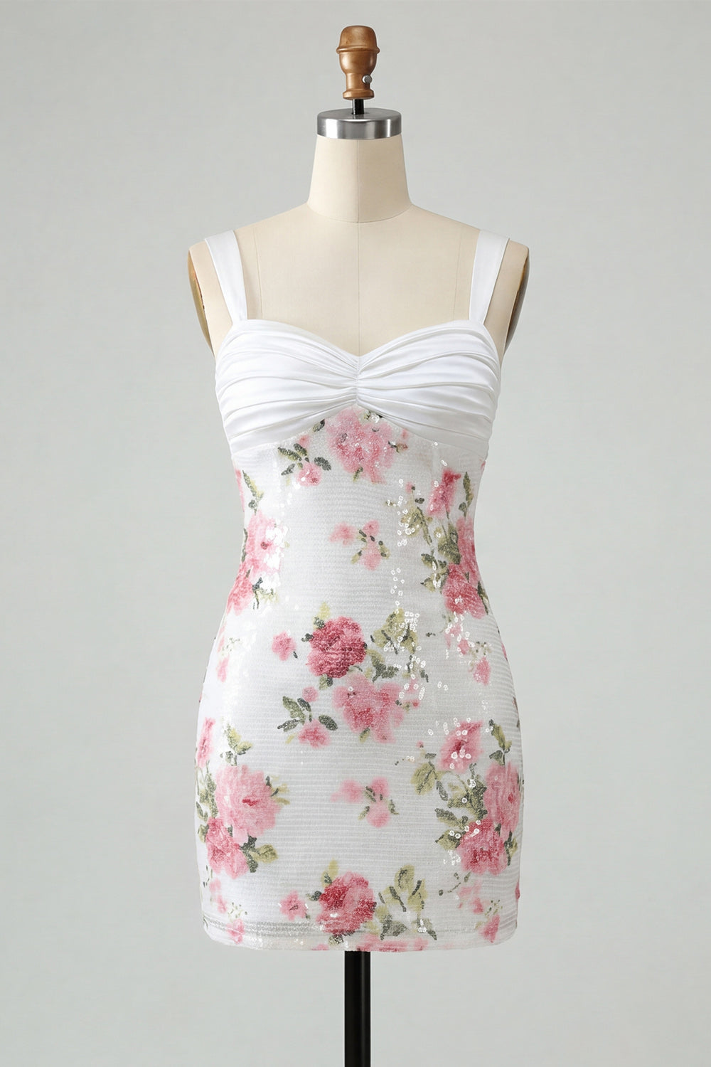Robe de bal de rentrée ajustée, ornée de sequins, de drapés et d'un nœud, motif floral ivoire