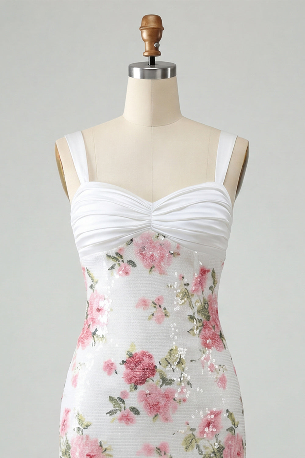Robe de bal de rentrée ajustée, ornée de sequins, de drapés et d'un nœud, motif floral ivoire