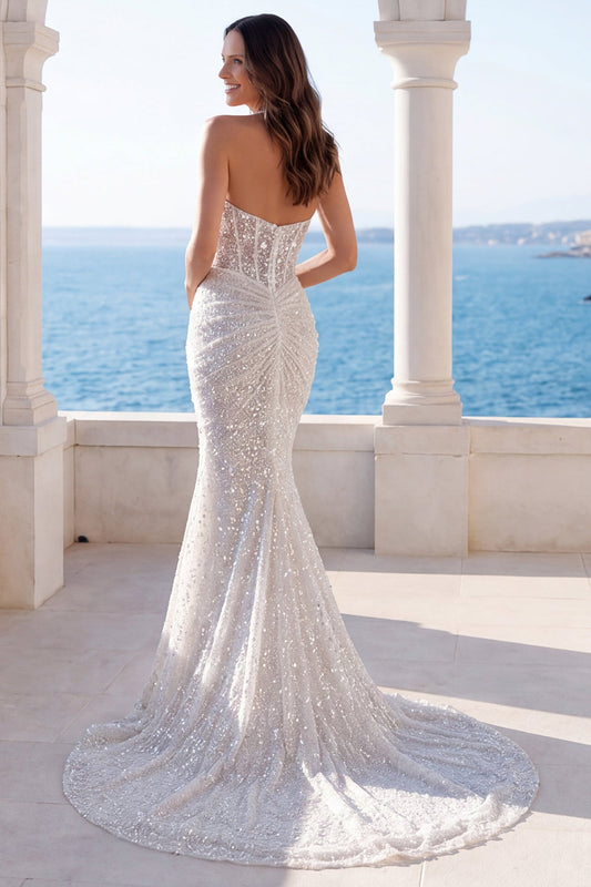 Halter Ivory Mermaid Ruched Sequin Wedding Dress