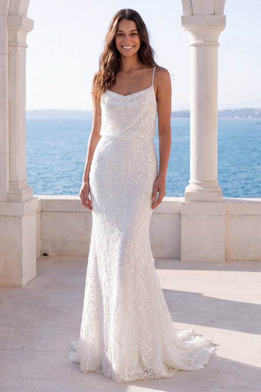 Ivory Sequin Pearls Mermaid Spaghetti Straps Wedding Dress