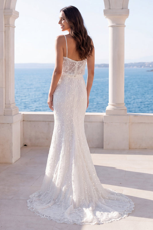 Ivory Sequin Pearls Mermaid Spaghetti Straps Wedding Dress