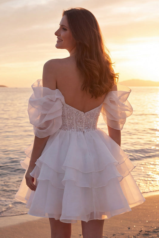 A-line Short Sparkly Ivory Corset Beaded Wedding Dress with Ruffles