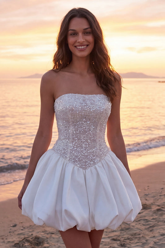 Sparkly Ivory Corset Strapless A-Line Short Wedding Dress with Sequins