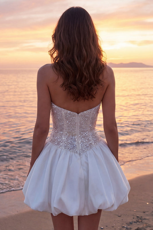 Sparkly Ivory Corset Strapless A-Line Short Wedding Dress with Sequins