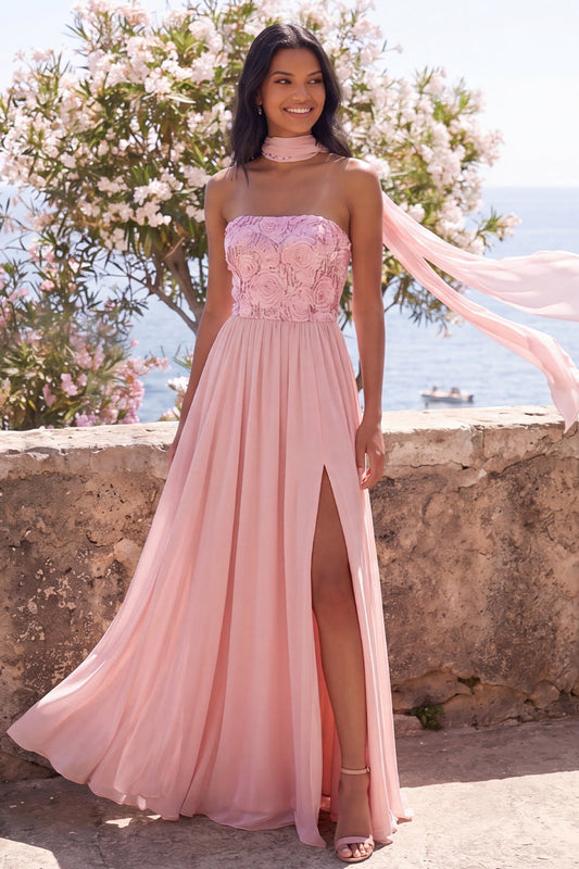 A-Line Strapless Pink Chiffon Maxi Floral Dress with Slit
