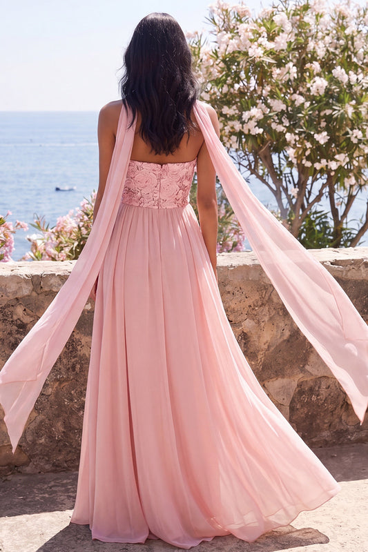 A-Line Strapless Pink Chiffon Maxi Floral Dress with Slit