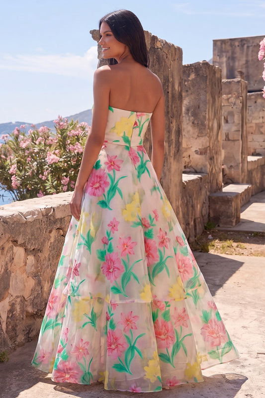 Daffodil Pink Flower A-Line Strapless Maxi Dress