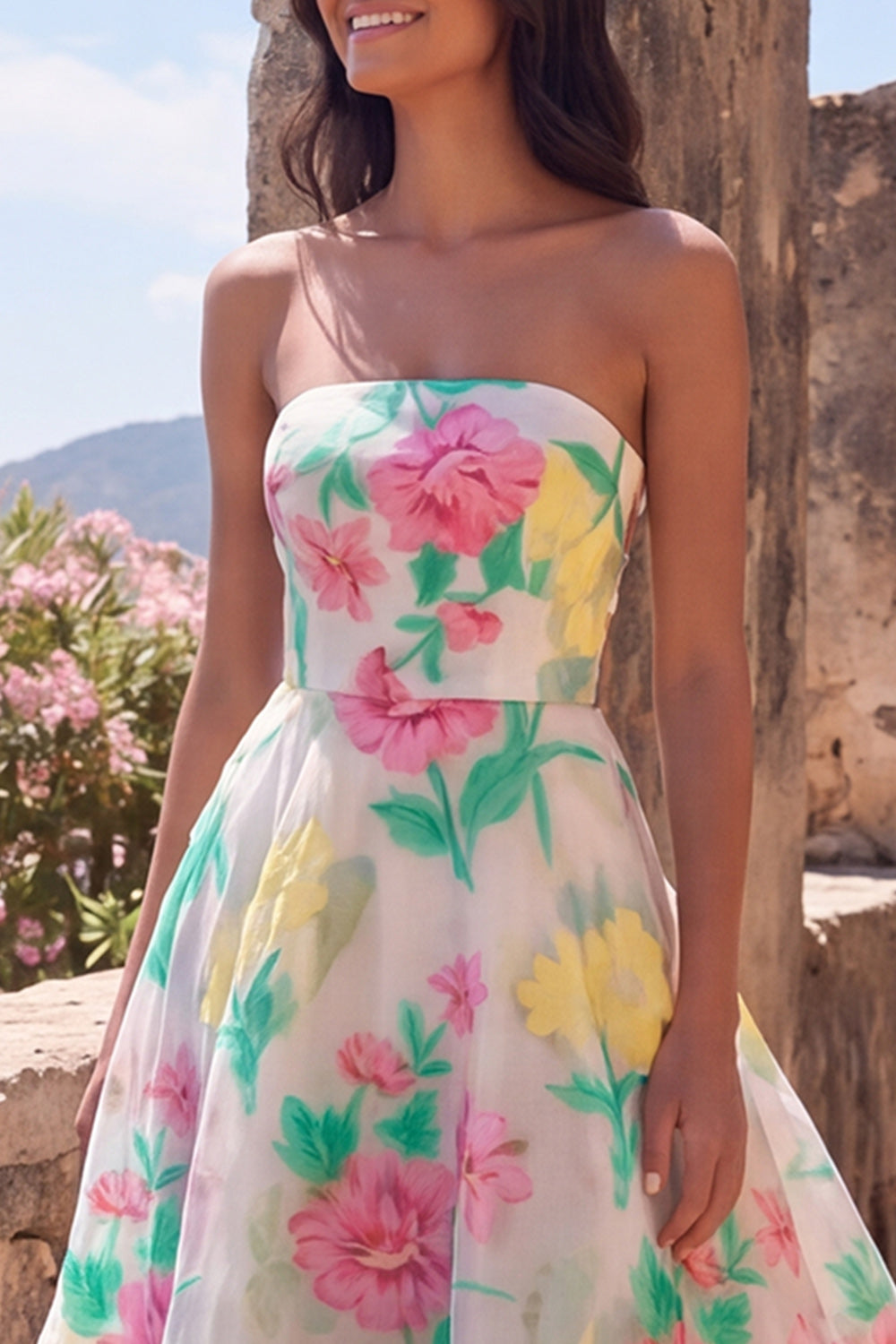 Daffodil Pink Flower A-Line Strapless Maxi Dress