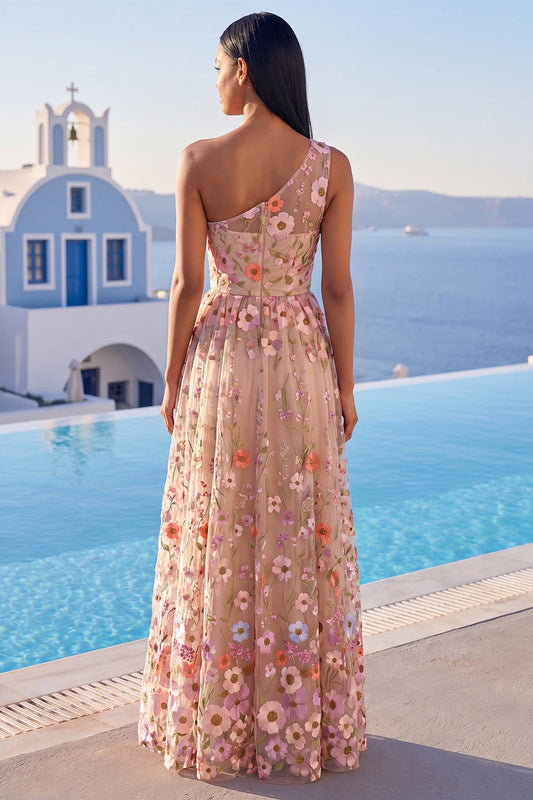 One Shoulder Champagne A-Line Embroidered Maxi Floral Dress with Slit