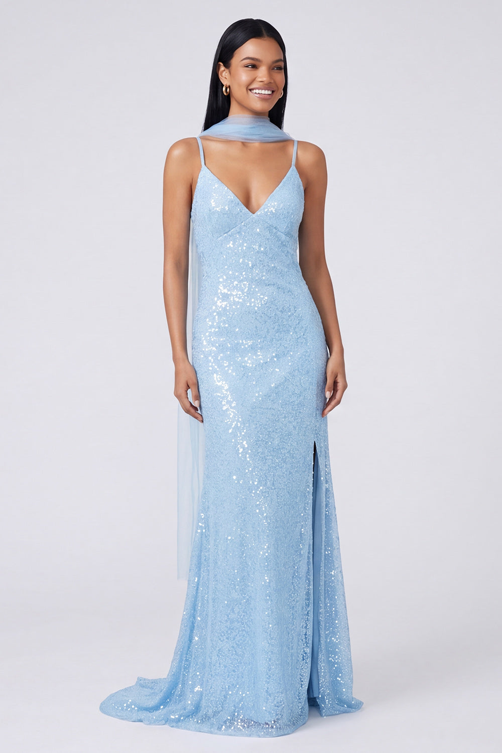 Yellow Mermaid Sequin Spaghetti Straps Maxi Dress with Slit