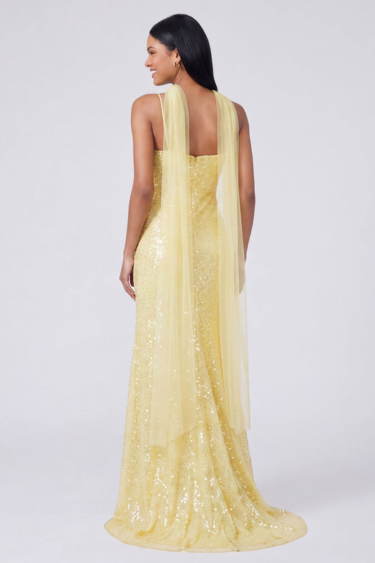 Yellow Mermaid Sequin Spaghetti Straps Maxi Dress with Slit