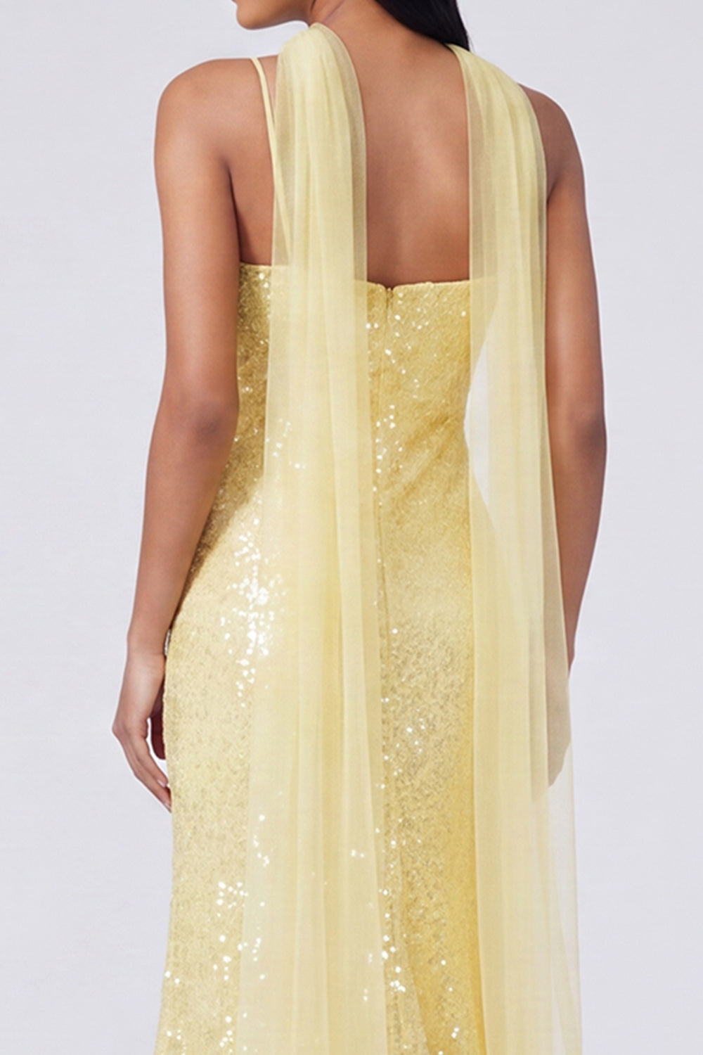 Yellow Mermaid Sequin Spaghetti Straps Maxi Dress with Slit