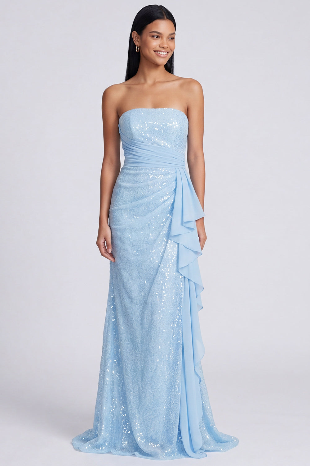 Strapless Light Pink Sequin Ruched Mermaid Formal Dress