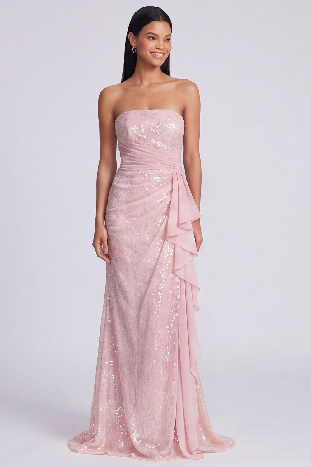 Strapless Light Pink Sequin Ruched Mermaid Formal Dress