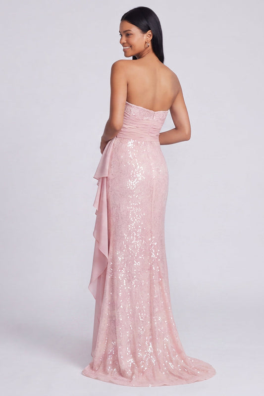 Strapless Light Pink Sequin Ruched Mermaid Formal Dress